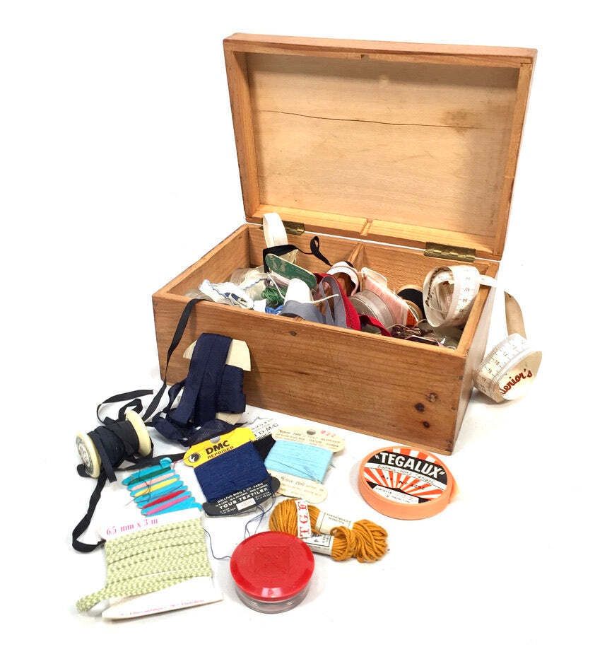 Antique Wood Storage Box With Haberdashery Sewing Collectable Items 20th Century