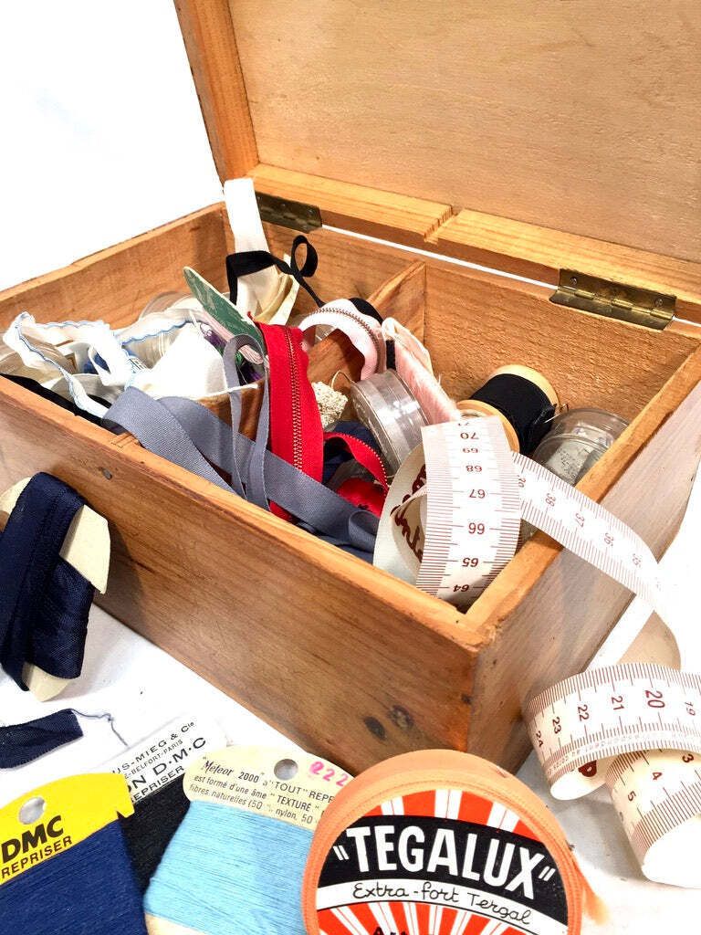 Antique Wood Storage Box With Haberdashery Sewing Collectable Items 20th Century photo vintage