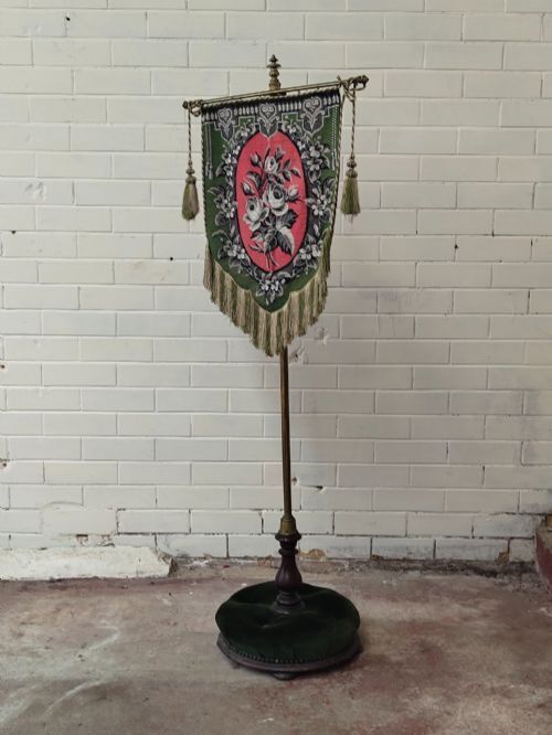 photo buy Antique Victorian Country House Velvet Needlework Fireside Brass Pole Screen