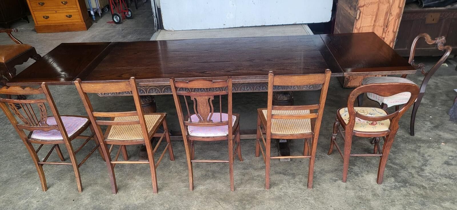 Vintage Dark Oak Large Extending Pedestal Dining Table Seat 12 photo vintage