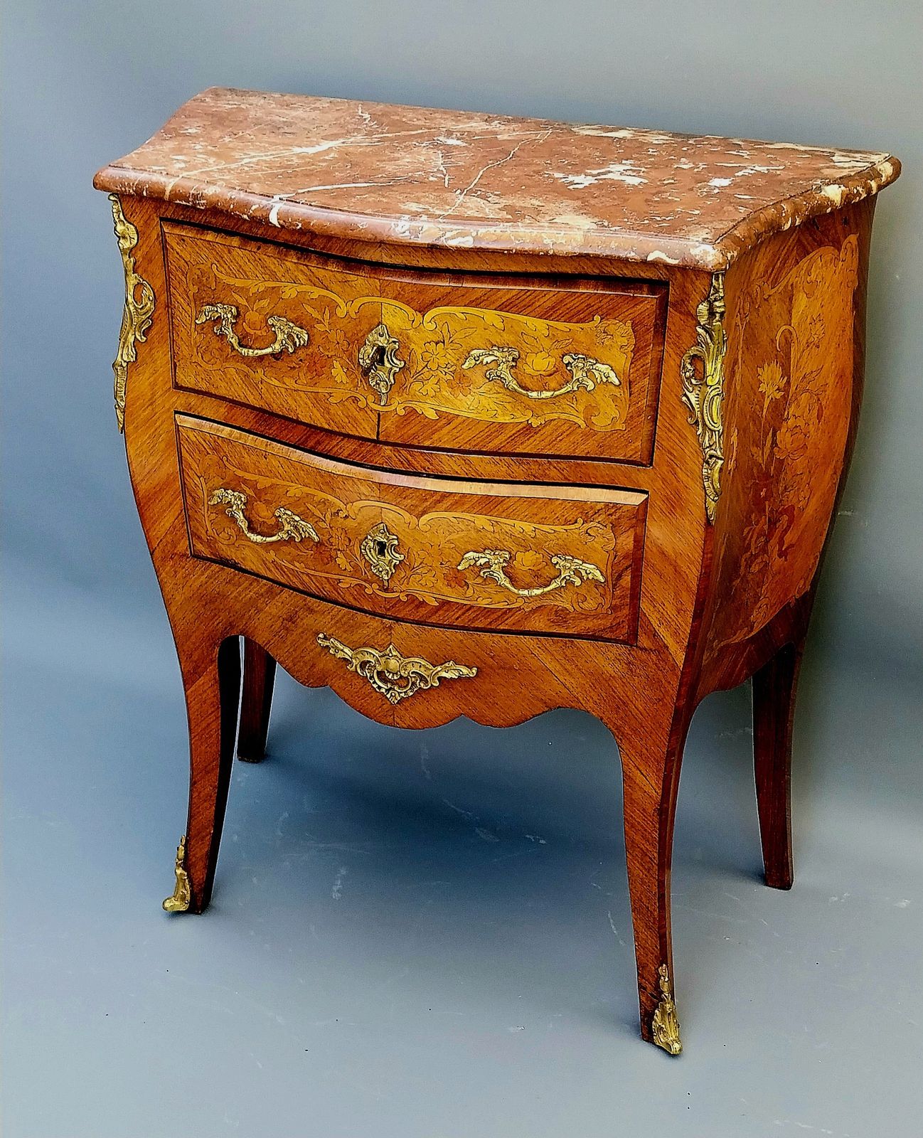 Small Antique French Inlaid Bombe Shaped Chest Of Drawers Marble Top photo Furniture