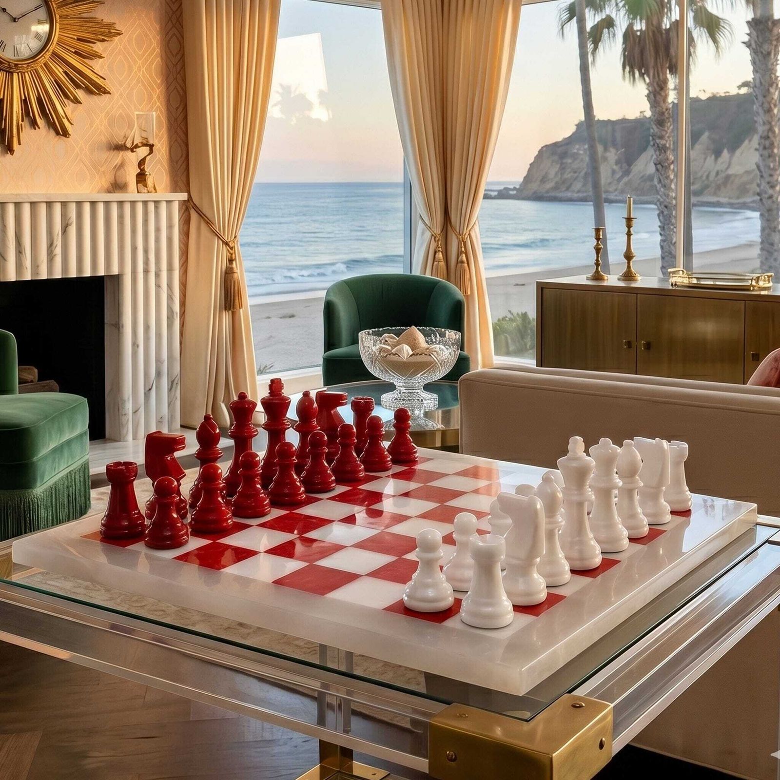 1970s Italian Volterra Alabaster Chess Set – Rare In Red & White. Made In Italy photo for sale
