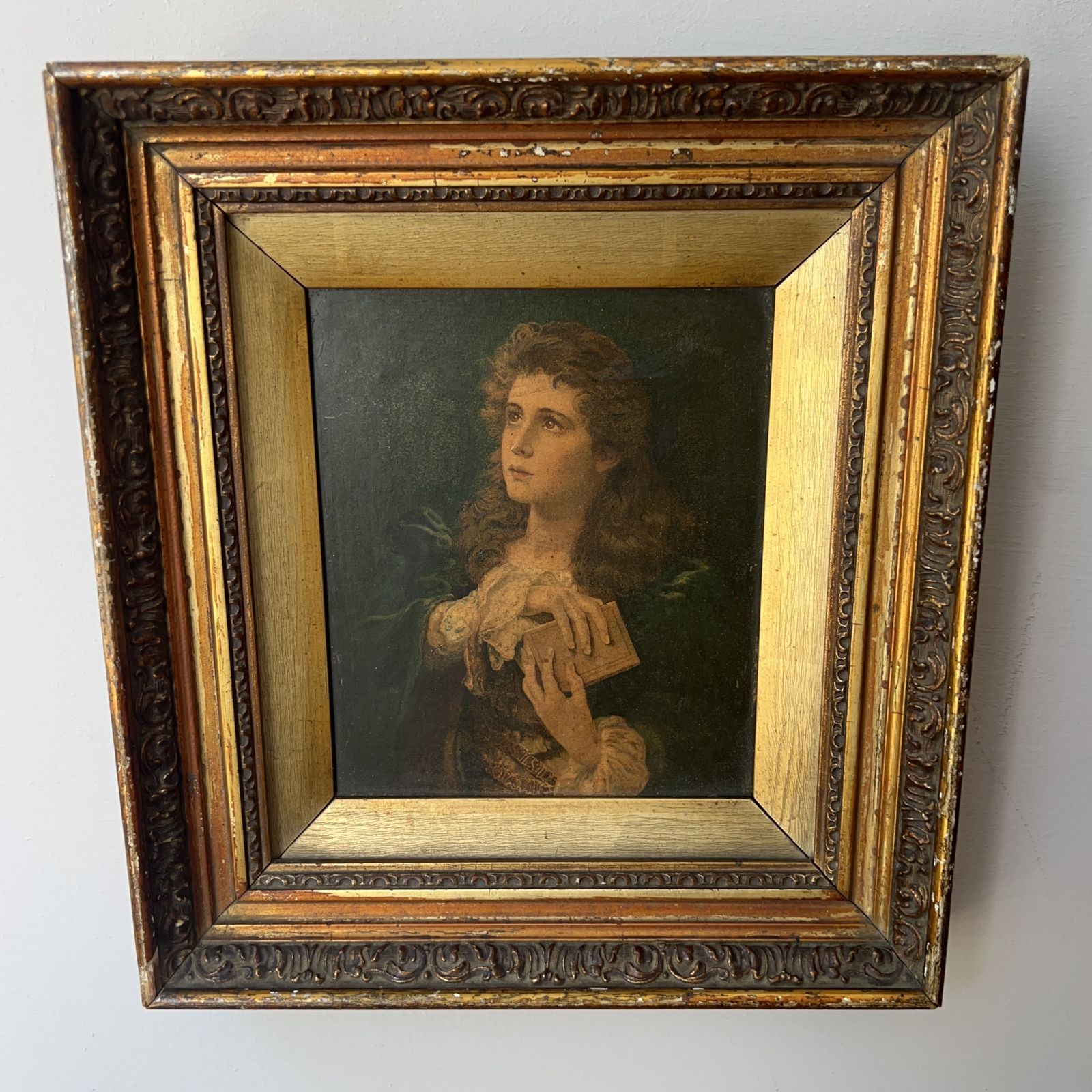 Victorian Framed Portrait Of A Young Lady With Ornate Wooden Frame