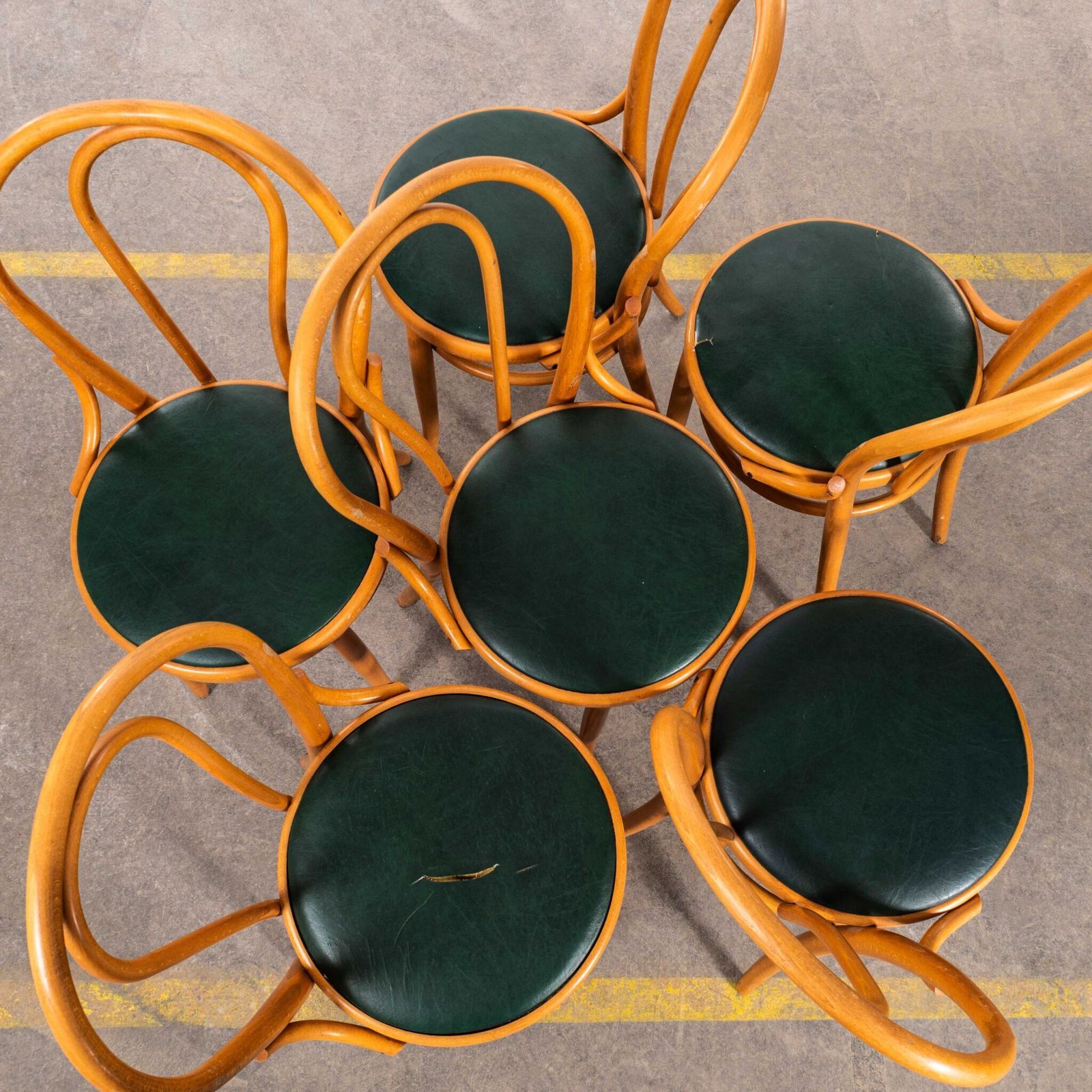 1970’s Original Blonde Hoopbacks With Green Rexine Upholstered Seat photo vinterior