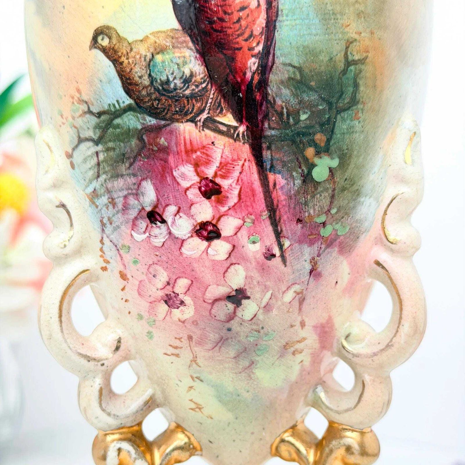 Victorian Blush Ivory Pheasant Vase Gilt Scrolled Base C.1895 photo vintage