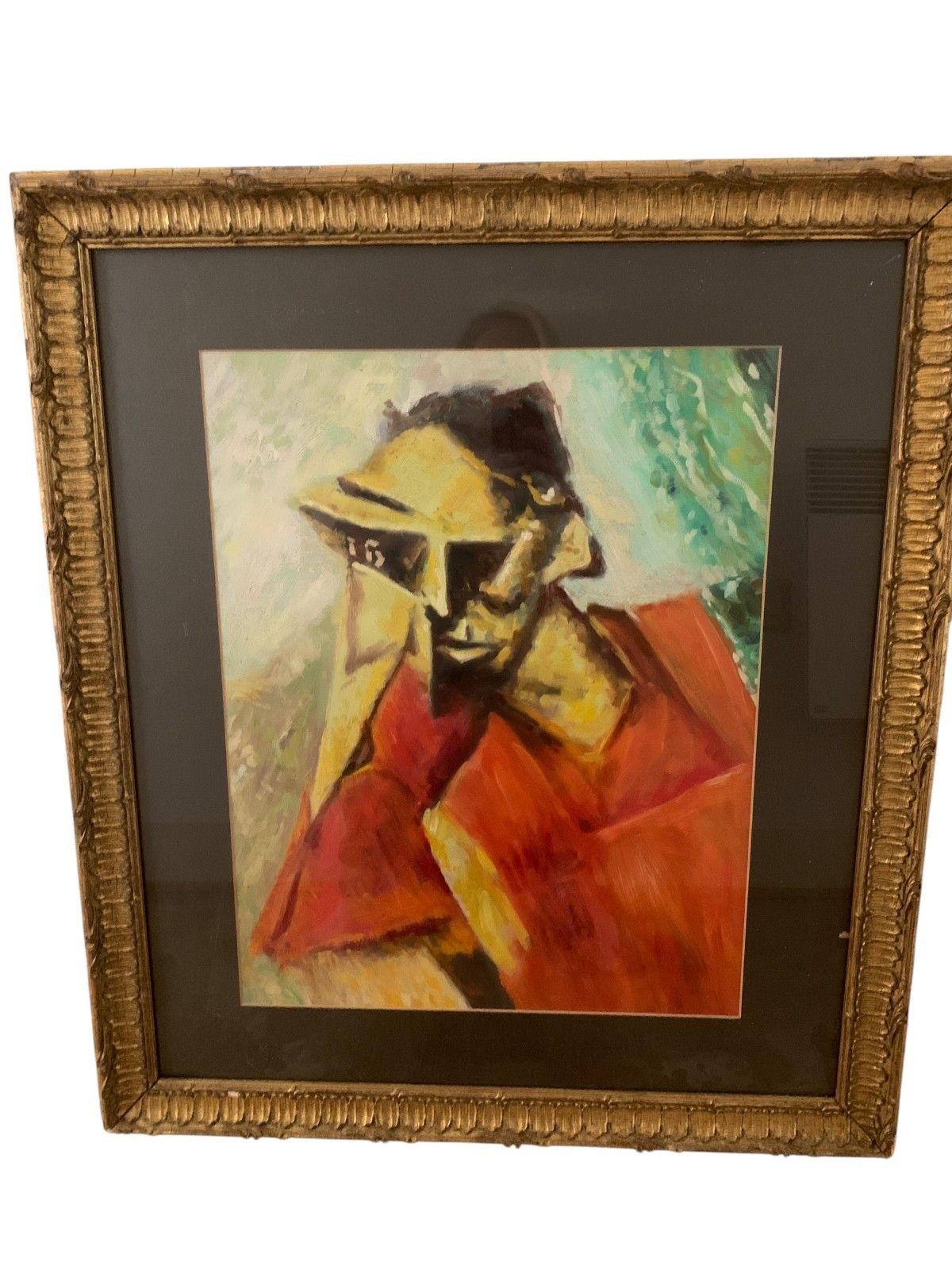 photo vinterior Antique Cubist Oil Painting Portrait After Lyonel Feininger Expressionist, Gilt