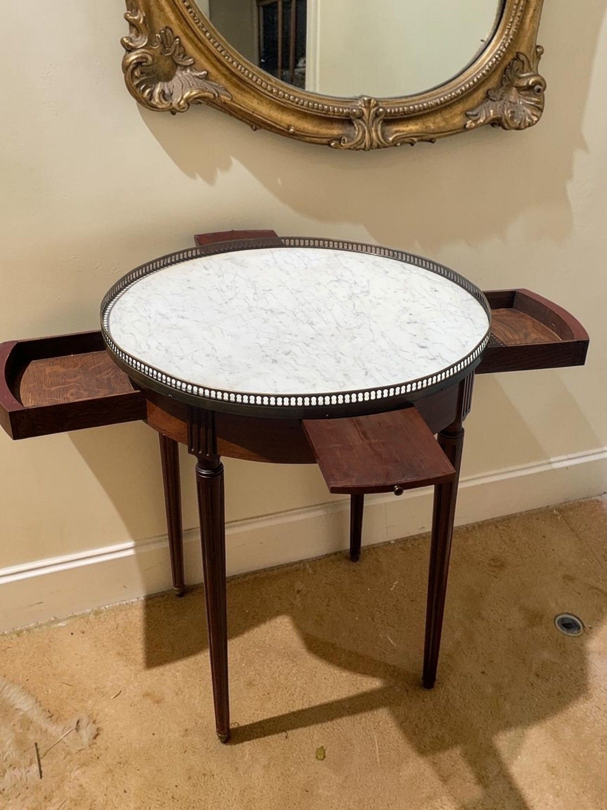 French Louis XVI Mahogany Bouillotte Table Marble Top 2 Drawers 2 Slides C1890 photo furniture