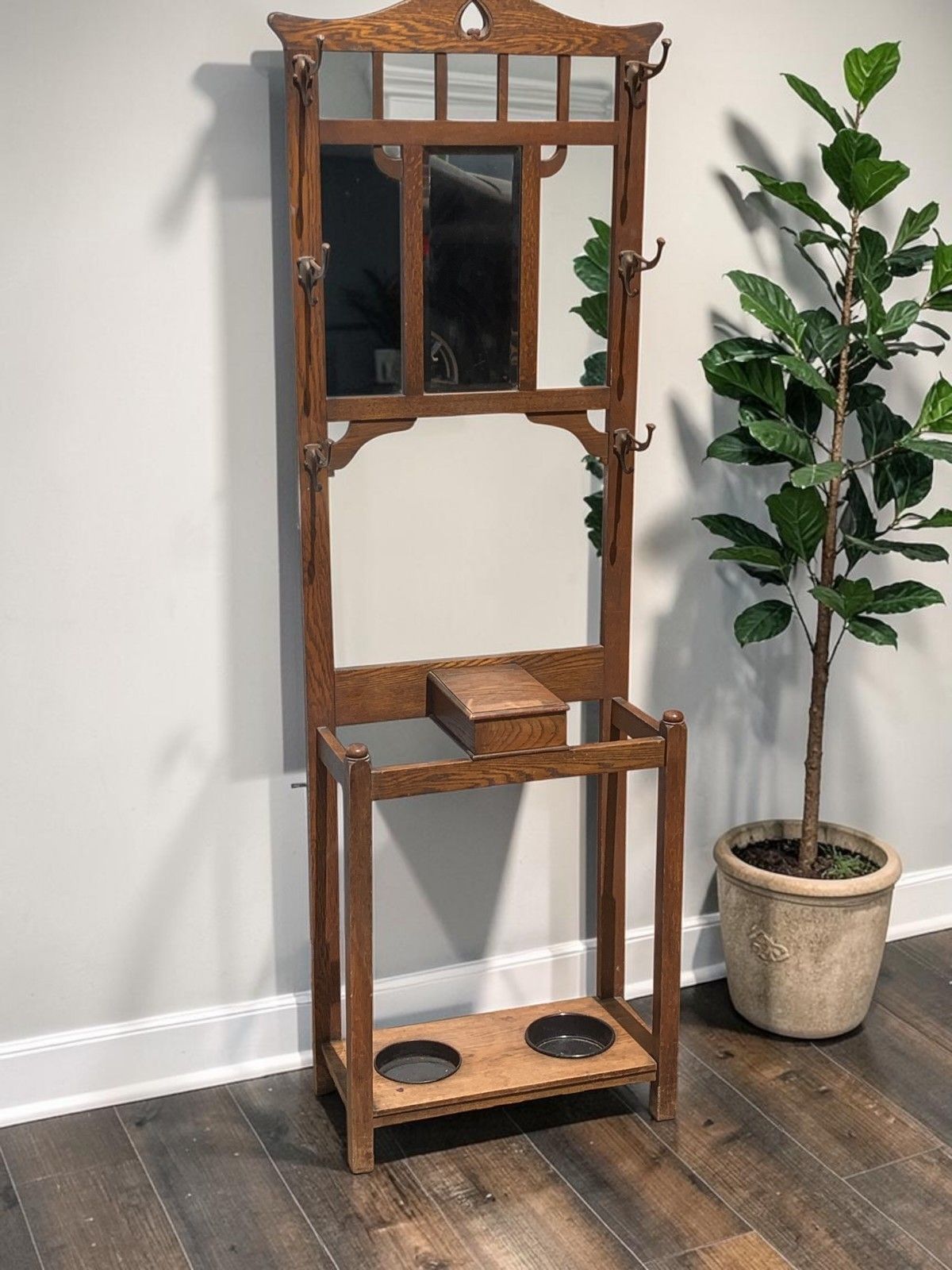 Antique Arts & Crafts Tall Oak Hall Stand Edwardian Umbrella Coat Rack  C.1900 photo furniture