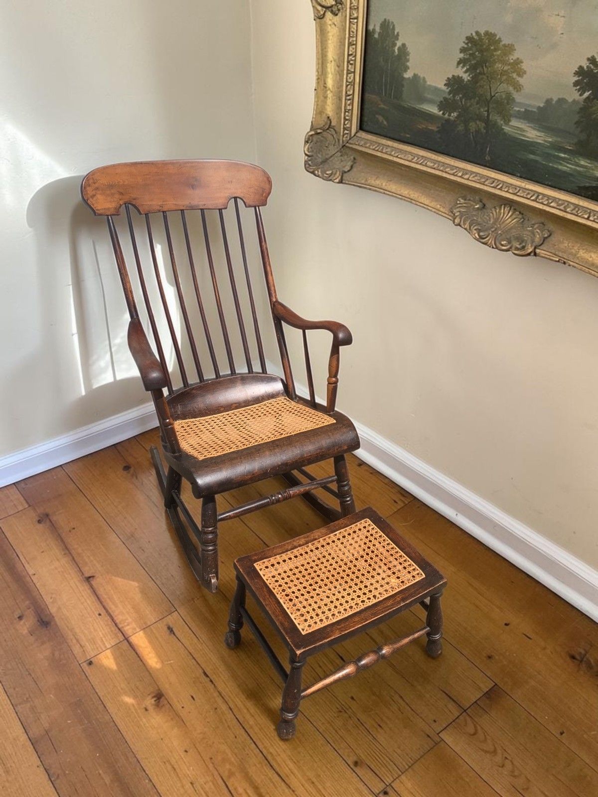 Antique Boston Rocker Chair & Matching Footstool C.1880 Victorian Windsor Cane photo for sale
