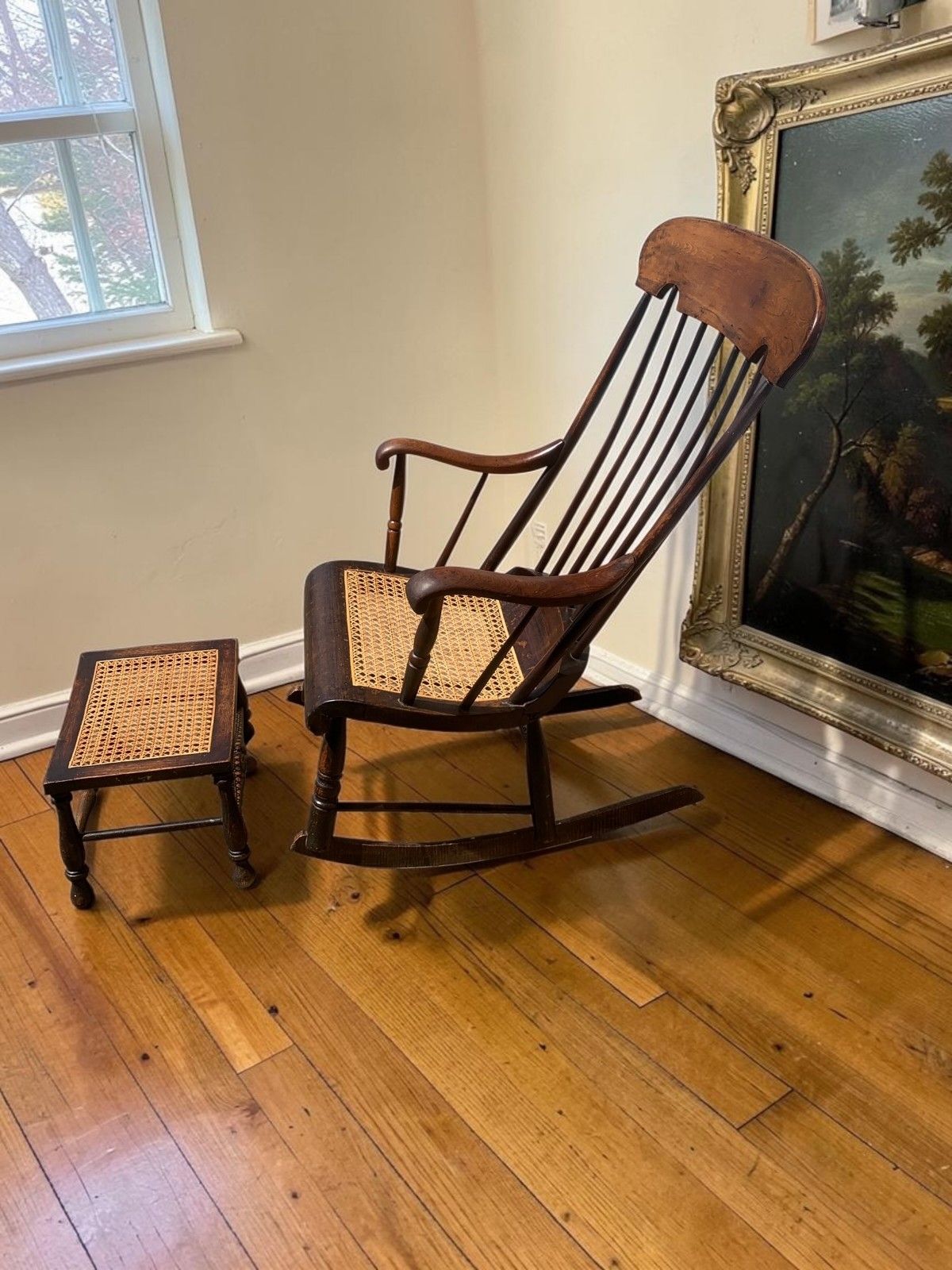 Antique Boston Rocker Chair & Matching Footstool C.1880 Victorian Windsor Cane photo vintage