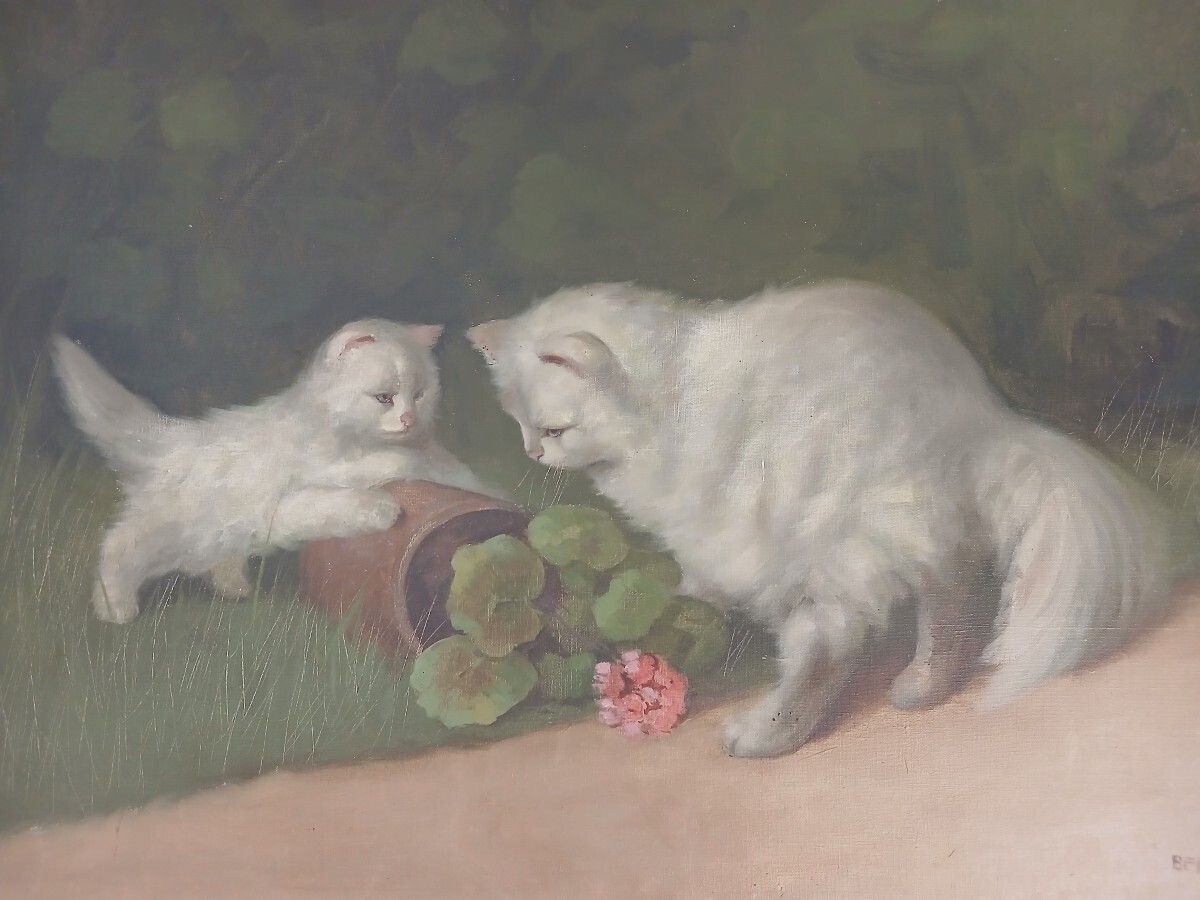 Painting On Canvas Depicting A Kitten And A Persian Cat photo furniture