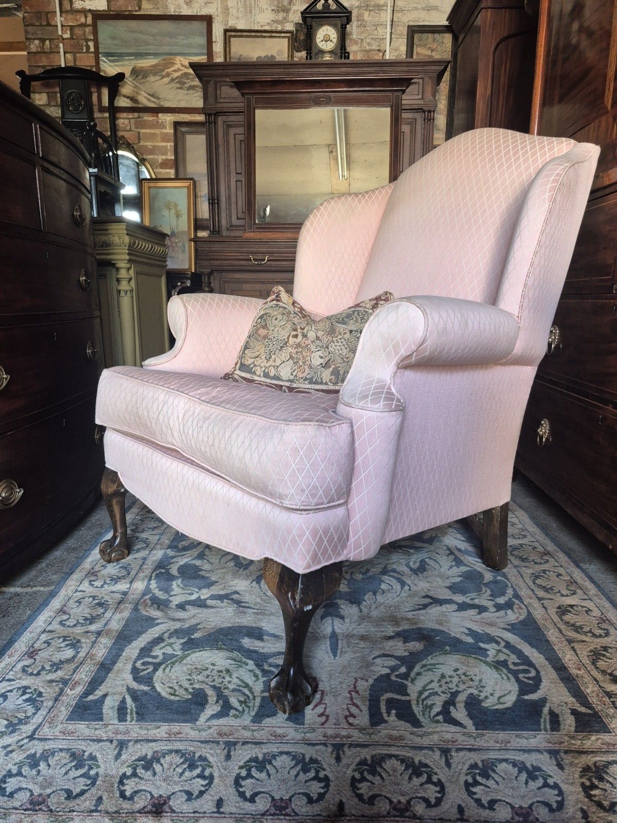 Pink Silk Georgian Style Vintage Gentlemans Humpback Armchair Ball & Claw Feet photo furniture