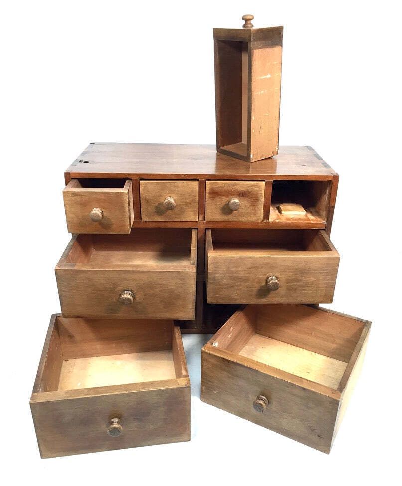 Antique Wooden Large Pine Tabletop Apothecary / Seed Merchant Drawers / Cabinet photo 399.0