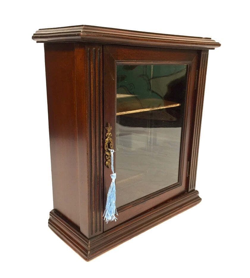 Antique Wooden & Glass Fronted Tabletop / Wall Storage Cabinet Shelf With Key