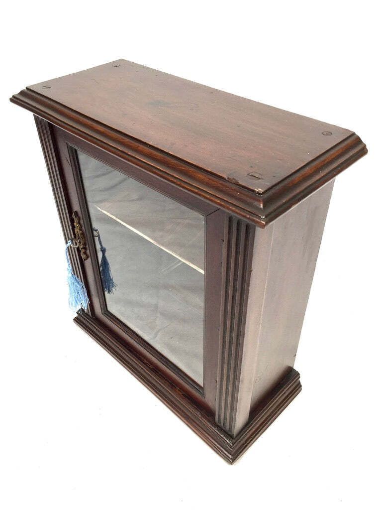Antique Wooden & Glass Fronted Tabletop / Wall Storage Cabinet Shelf With Key photo for sale