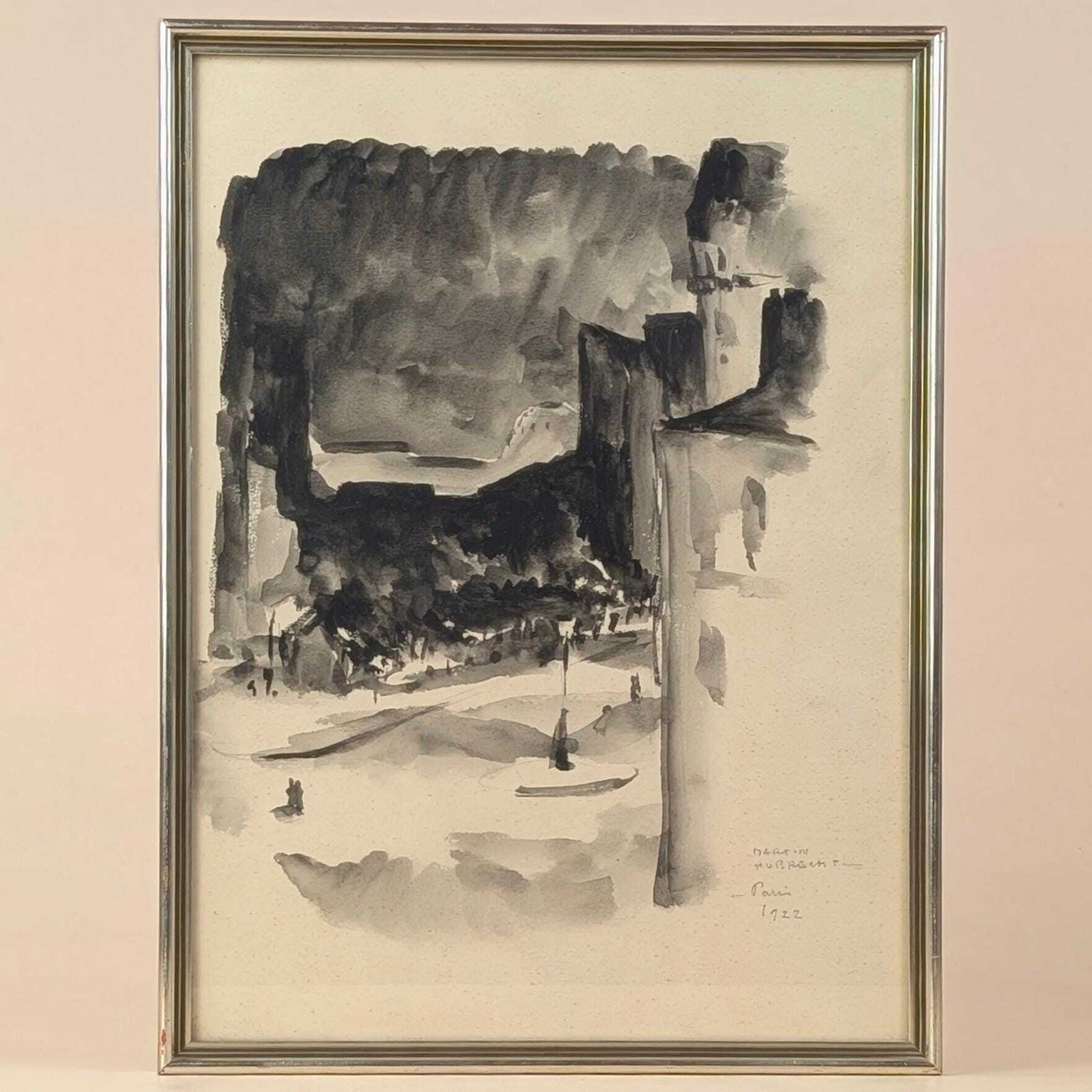 Antique Paris Ink Wash Painting, Framed 1922 Martin Hubrecht French Cityscape Art, 1920s Neutral Wall Decor photo Art
