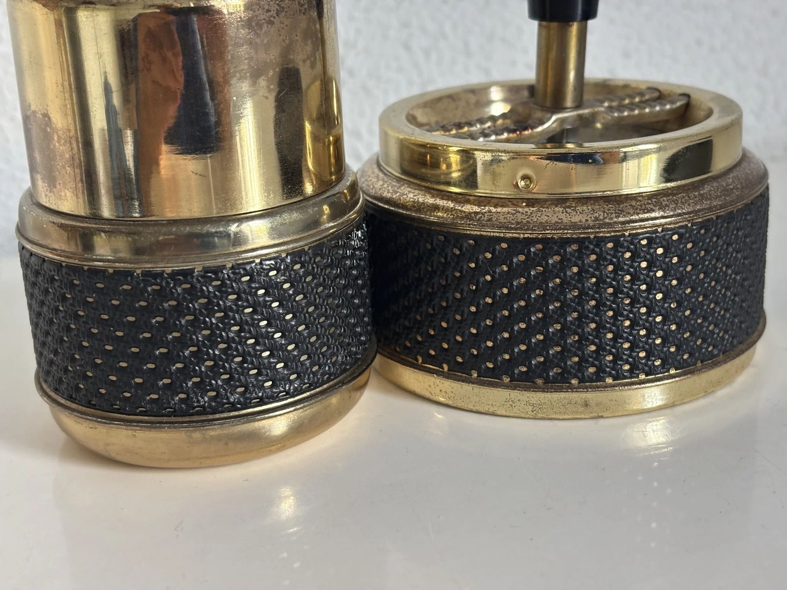 Vintage 1970s Smoking Set — Spinning Top Ashtray + Cigarette Box On A Metal Tray — Brass & Black Bakelite photo vinterior