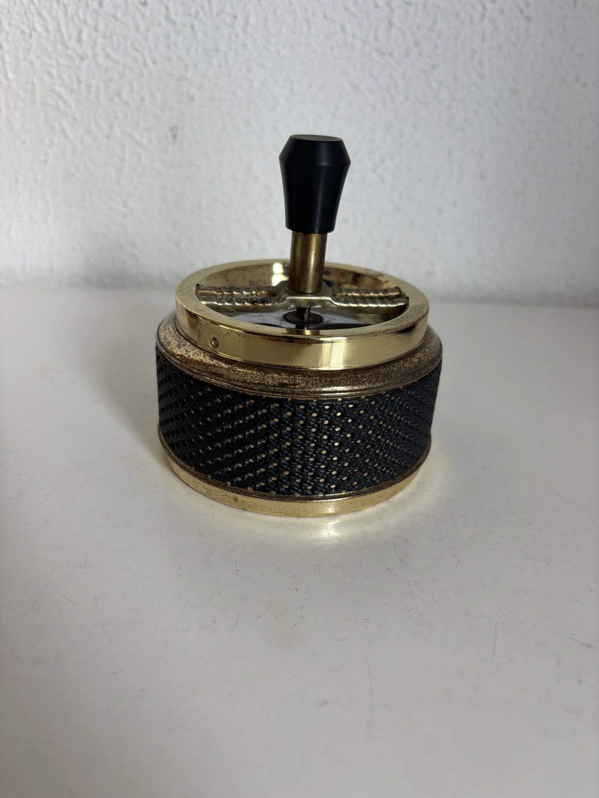 139.0 Vintage 1970s Smoking Set — Spinning Top Ashtray + Cigarette Box On A Metal Tray — Brass & Black Bakelite photo