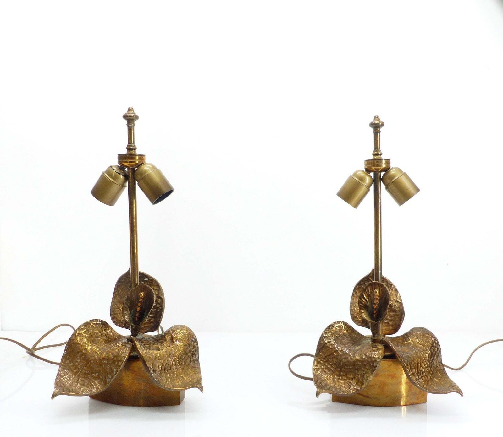 Pair Of Hammered Brass Floral Lamps, French Organic Brutalist Work, Circa 1970