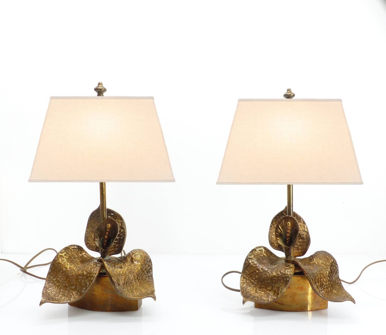 Pair Of Hammered Brass Floral Lamps, French Organic Brutalist Work, Circa 1970 photo furniture