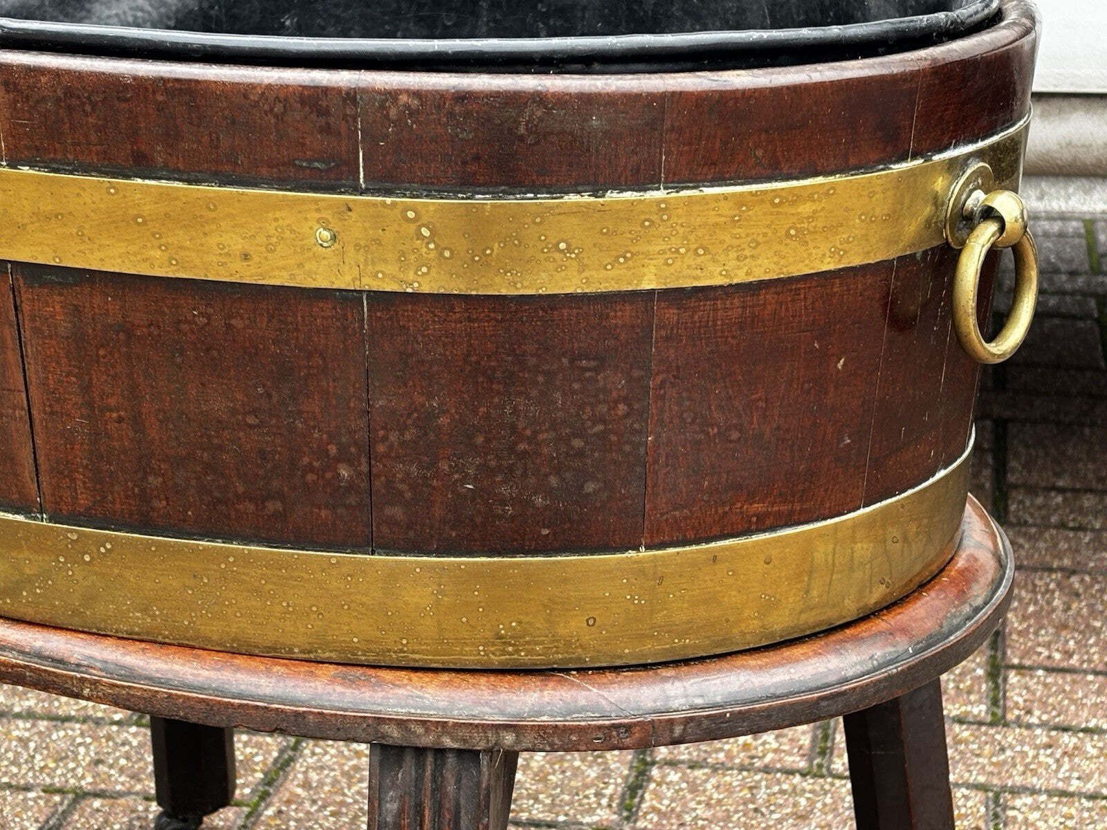 Georgian Mahogany Brass Banded Lift Off Wine Cooler On Stand photo for sale