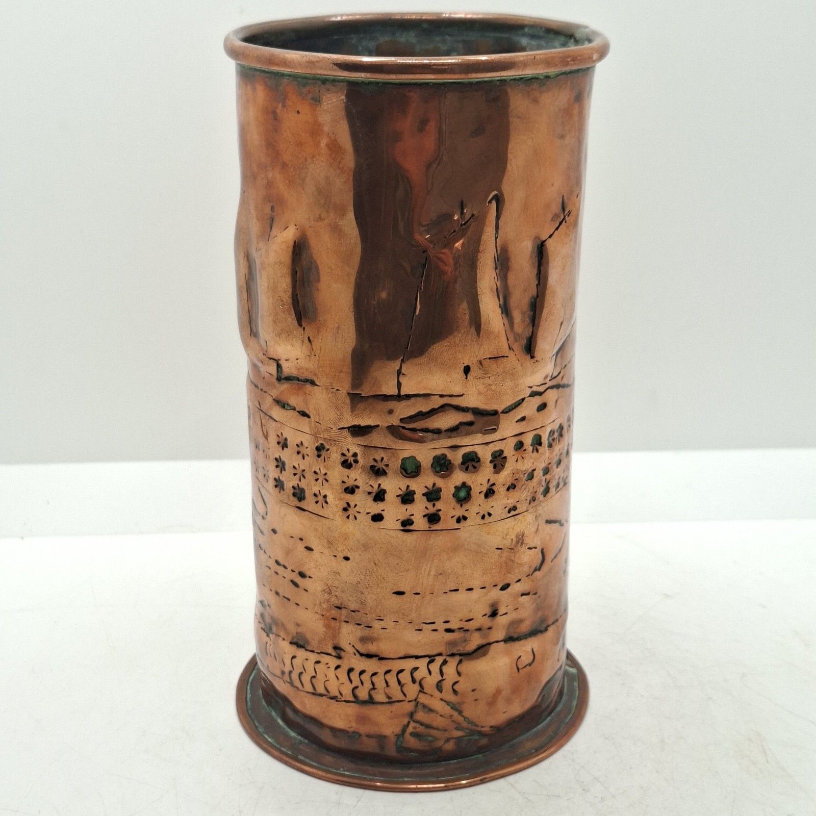 Newlyn Copper Vase Arts And Crafts Repousse Fish Boats Lighthouse Antique photo for sale