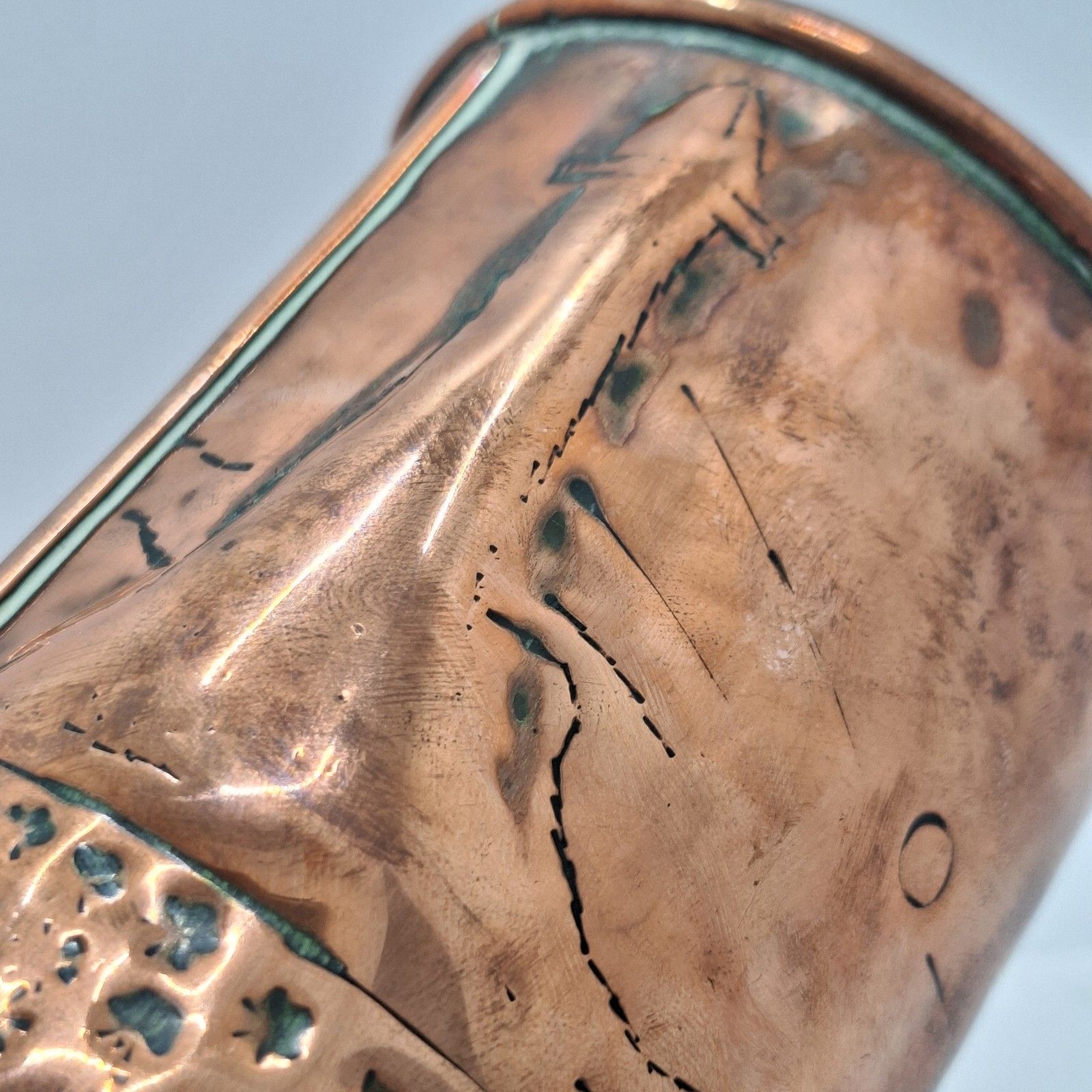 Newlyn Copper Vase Arts And Crafts Repousse Fish Boats Lighthouse Antique photo vinterior