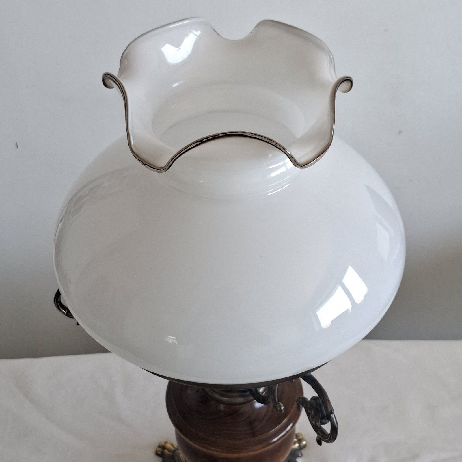 Italian Electric Oil Style Table Lamp Turned Wood Glass Shade Vintage Lighting photo for sale