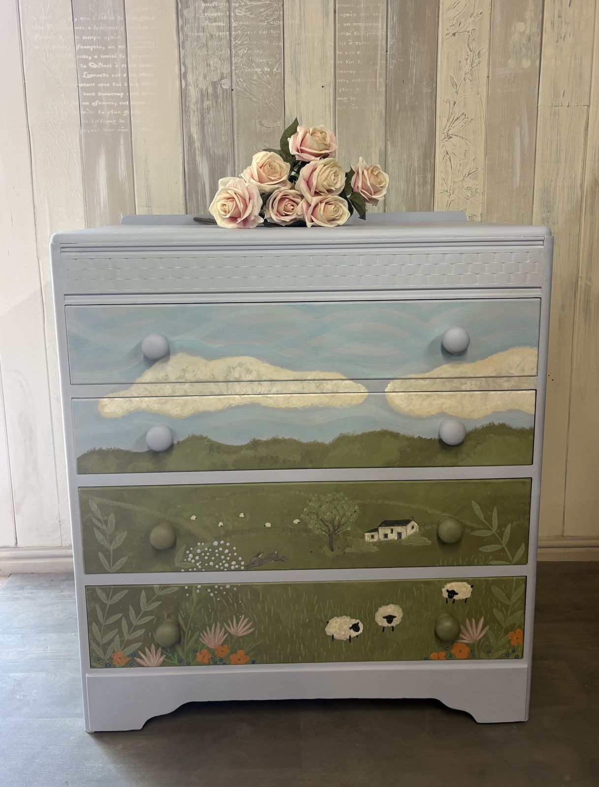 photo for sale Hand Painted Landscape Vintage Chest Of Drawers