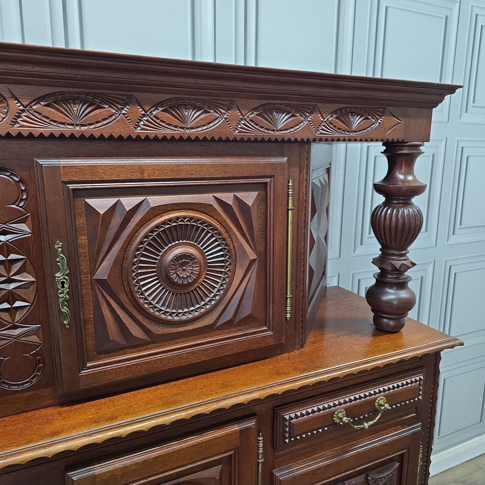 Vintage French Buffet Cabinet Large Carved Solid Walnut Wooden Antique Revival photo vintage