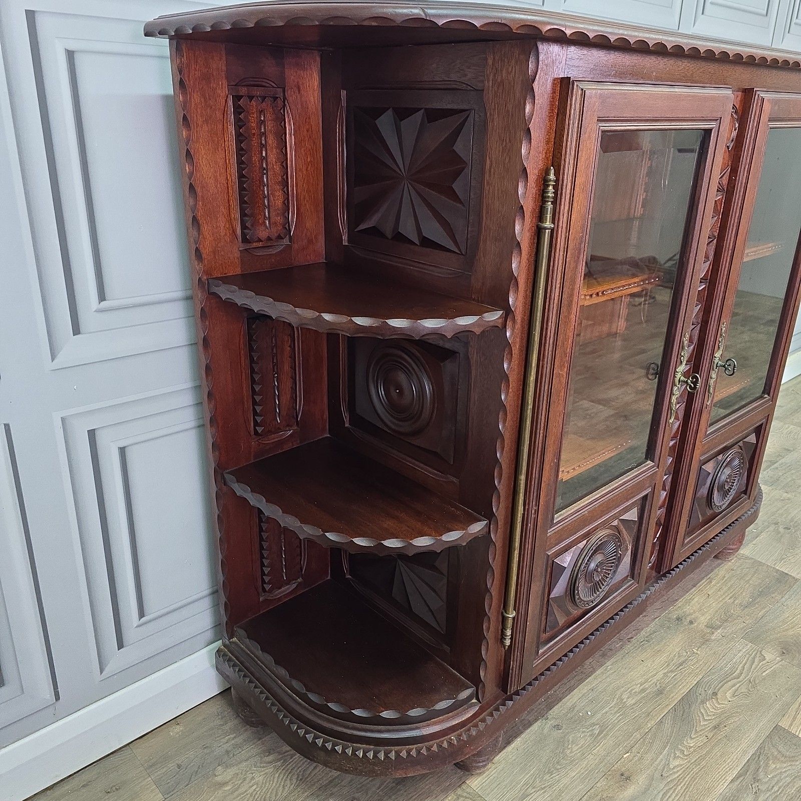 Vintage French Display Cabinet Carved Solid Walnut Henri II Antique Revival Wood photo vinterior
