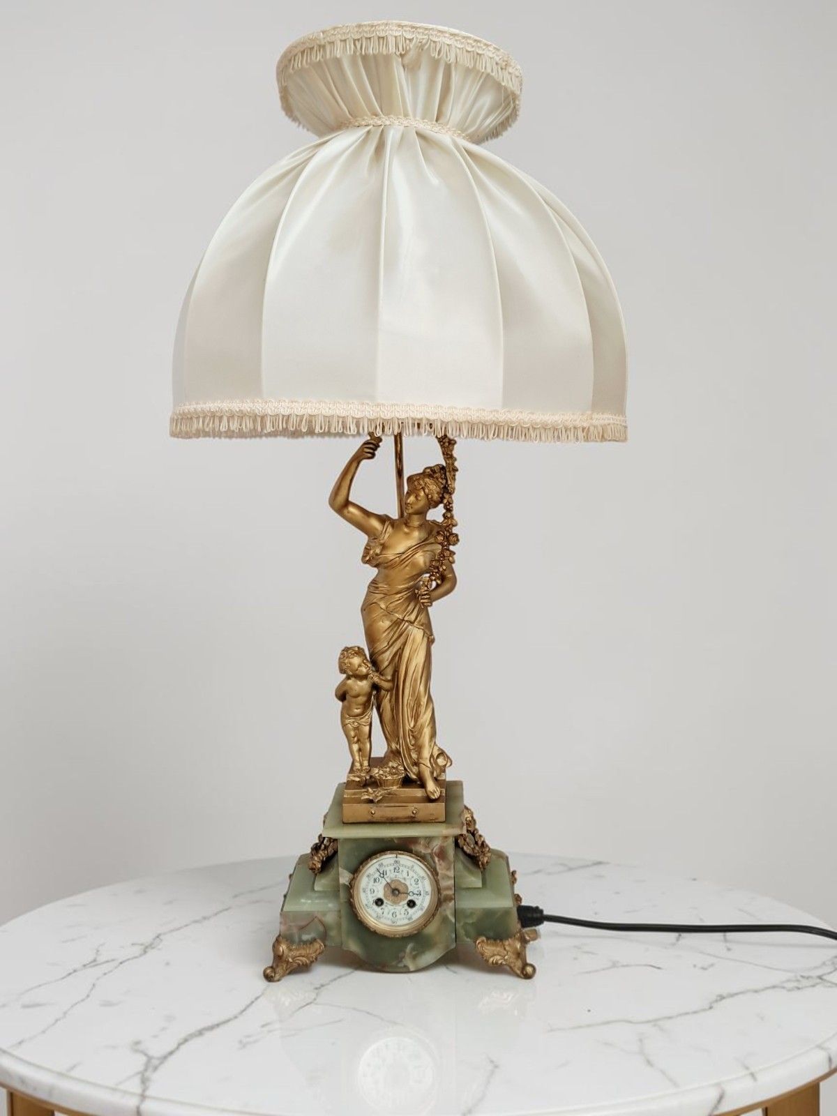 Antique French Gold Gilt  Sculpture Lady Lamp And Marble Clock Lavergne 1890