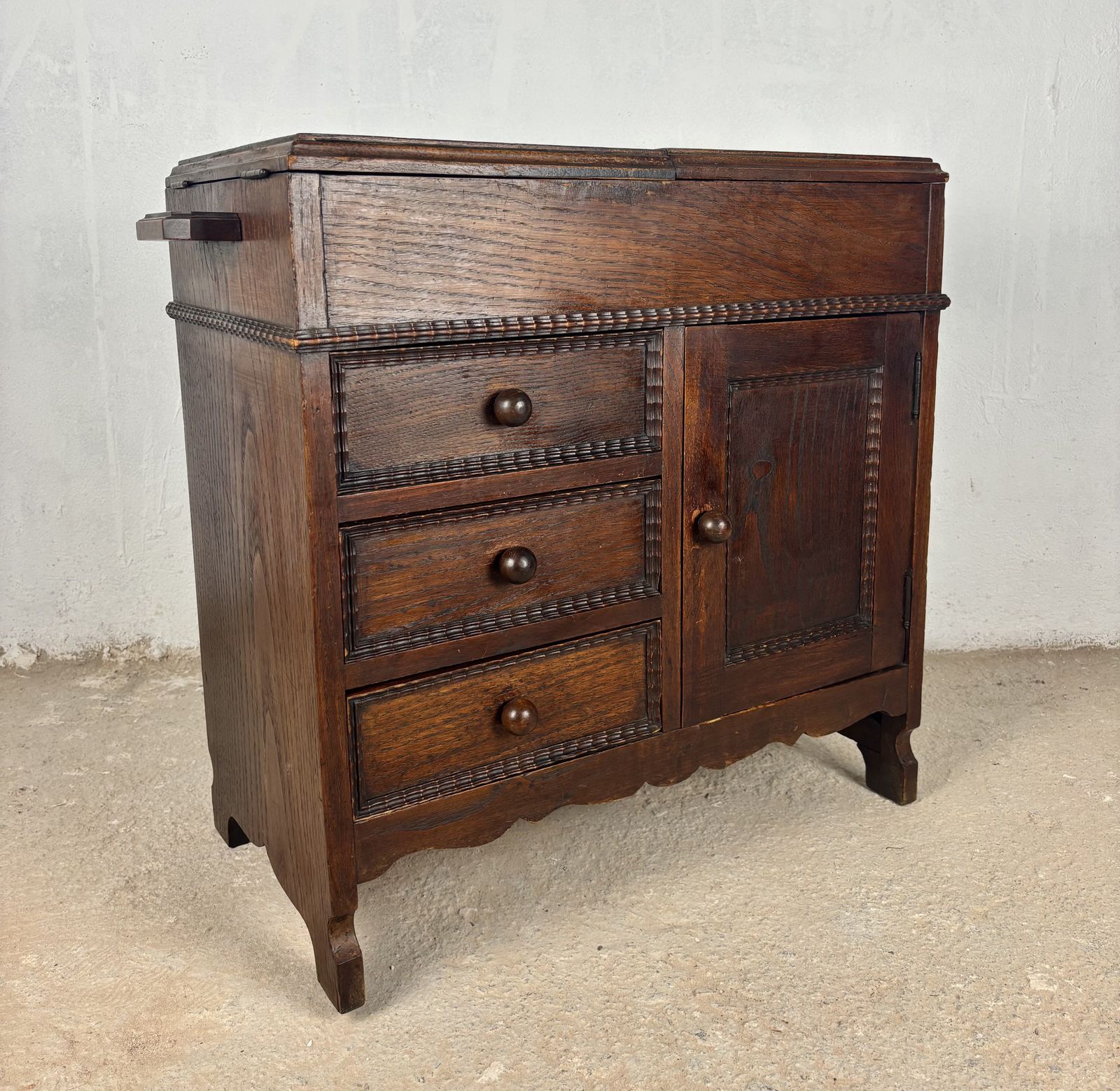 Spanish Oak Sewing Cabinet With Fabric Basket, Early 20th Century photo vinterior
