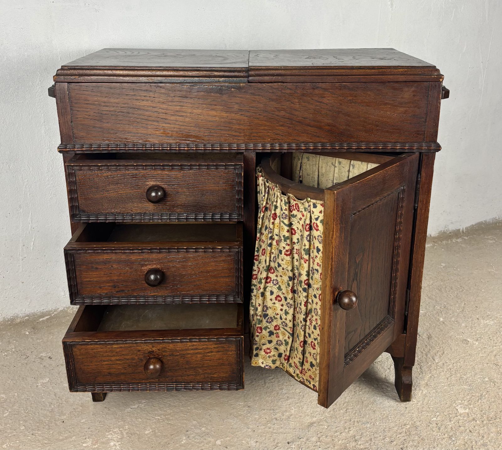 Spanish Oak Sewing Cabinet With Fabric Basket, Early 20th Century photo vintage