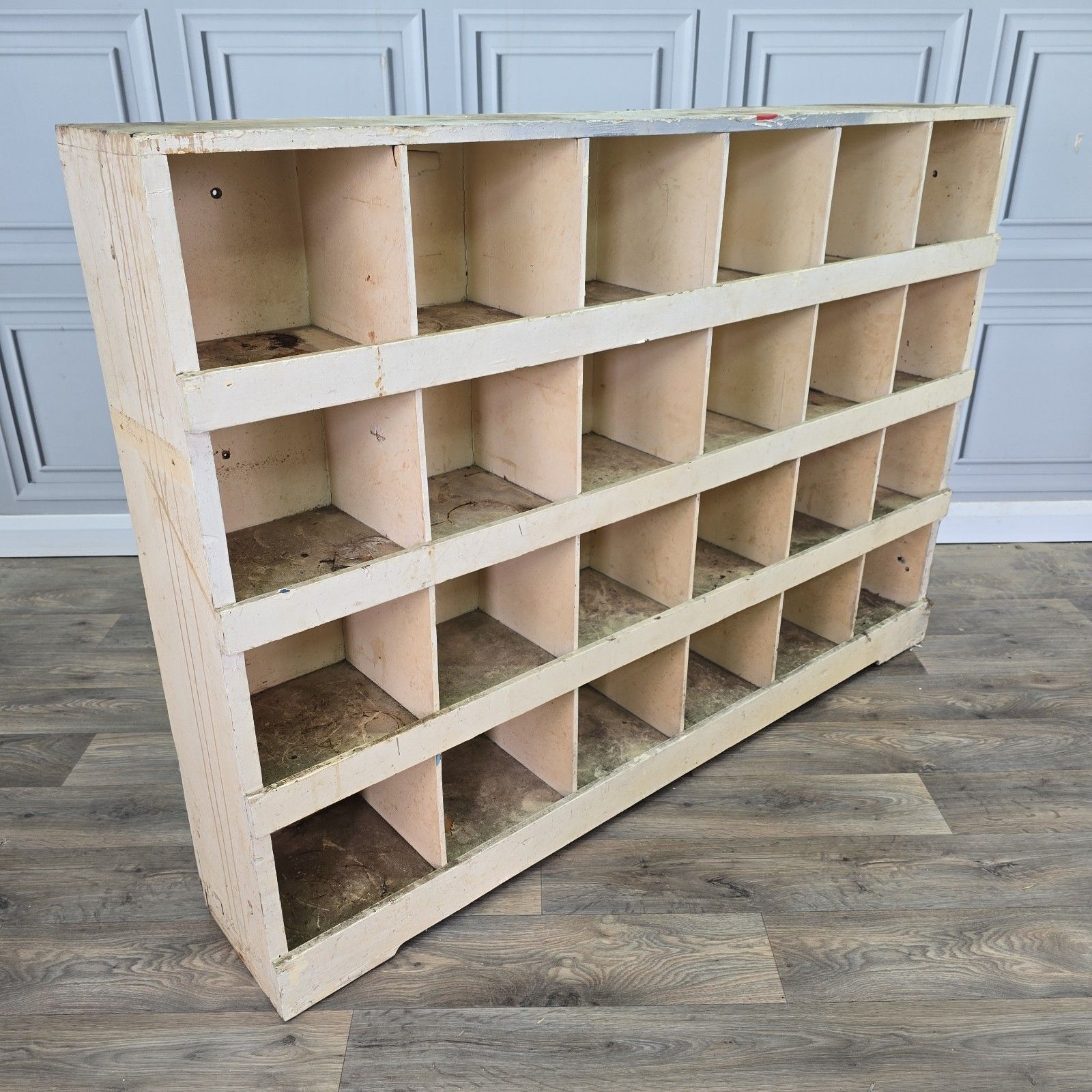 Vintage Workshop Pigeon Hole Shelving Unit Industrial Rustic Painted Wood Retro photo furniture