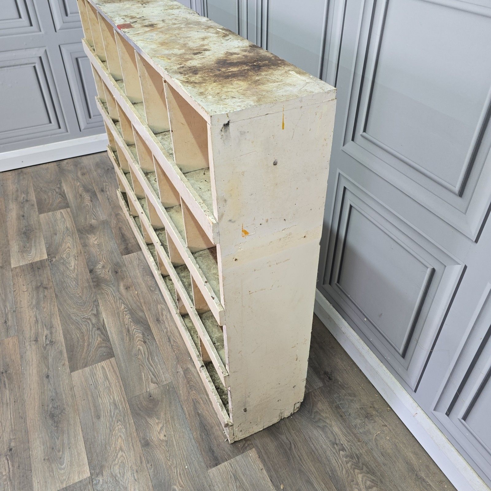 photo vintage Vintage Workshop Pigeon Hole Shelving Unit Industrial Rustic Painted Wood Retro