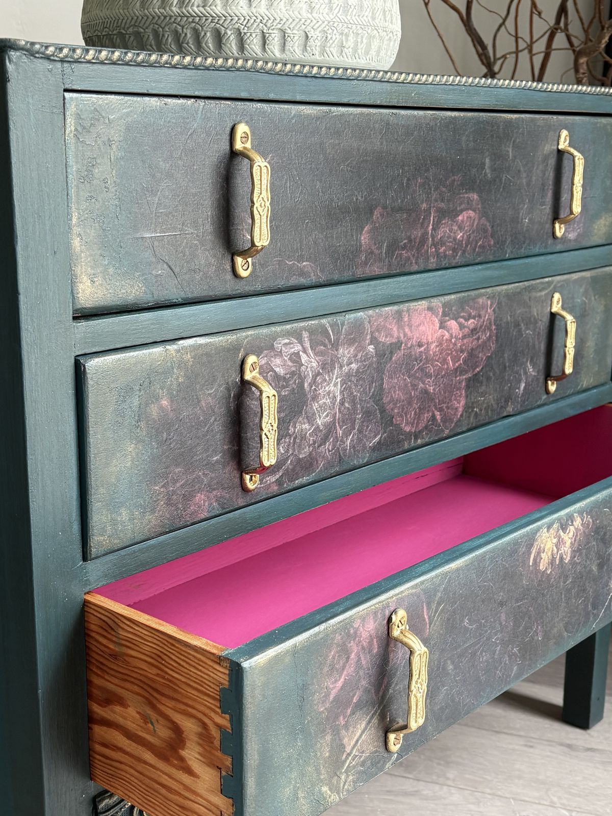 Oak Chest Of Drawers, Hand Painted, Floral Details photo furniture