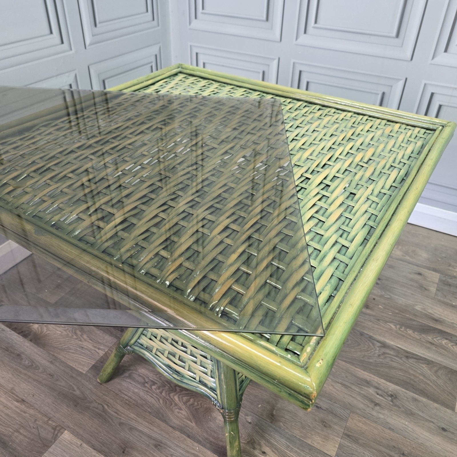 Vintage Garden Dining Set Table & 4 Chairs Glass Top Rattan Wicker Retro photo vintage