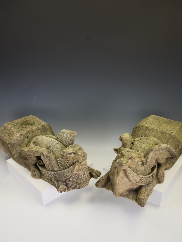 Antique Victorian Gothic Revival Limestone Corbels – Lion & Ox
