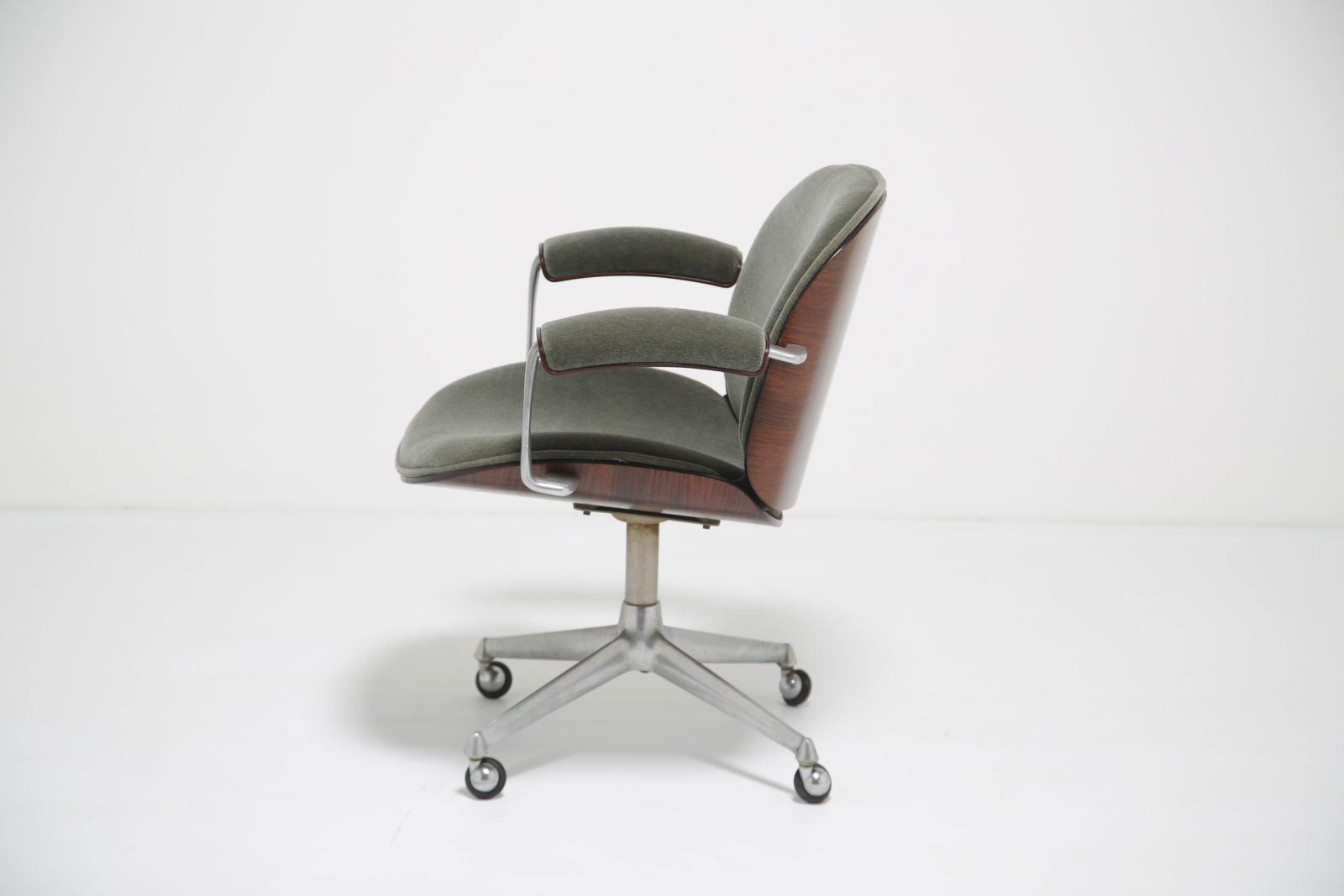photo buy Ico Parisi Italian Executive Desk Chair, Figured Rosewood Sage Green Mohair Velvet For Mim, Italy, 1960s