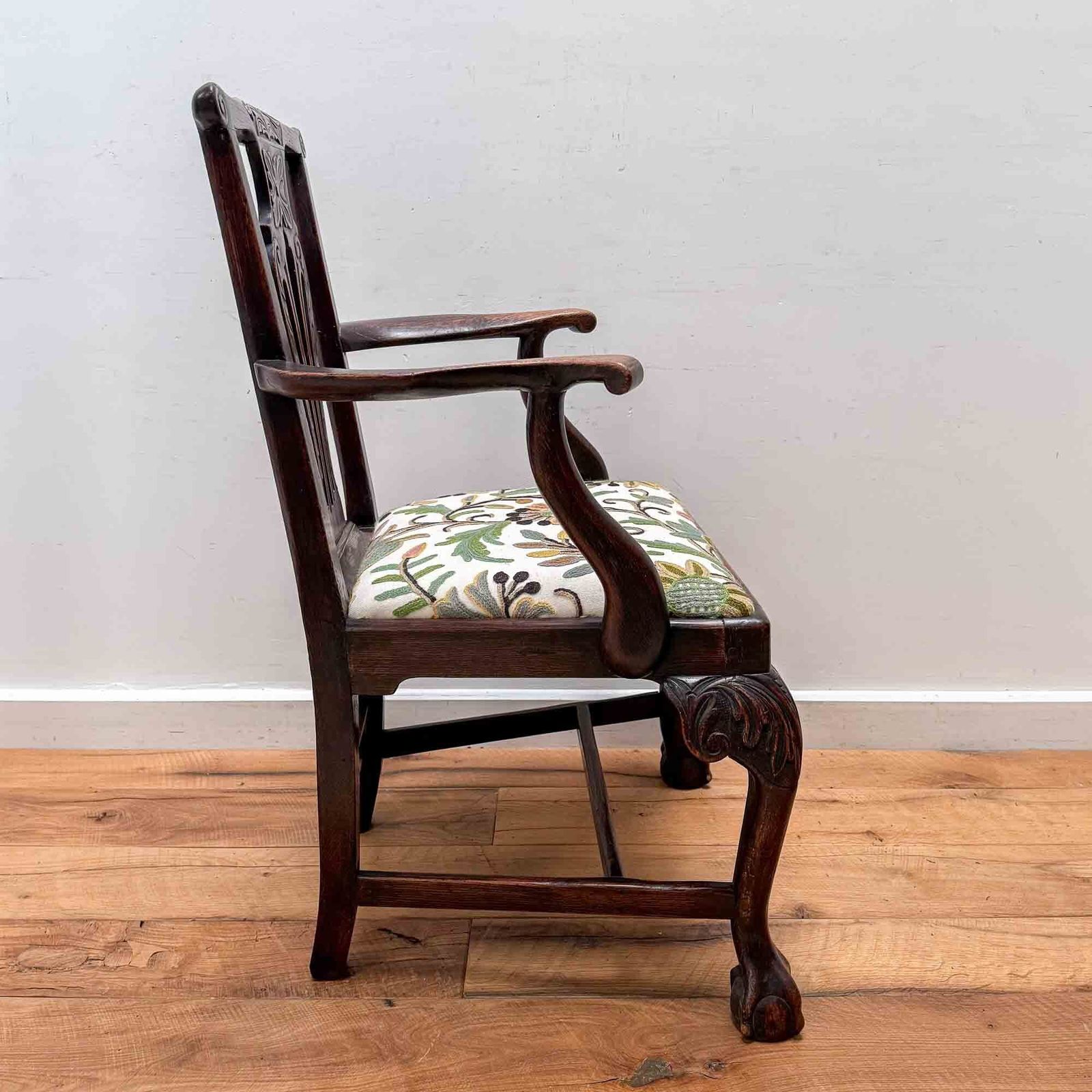 Antique Oak Carved Chair With Crewel Work Seat photo buy