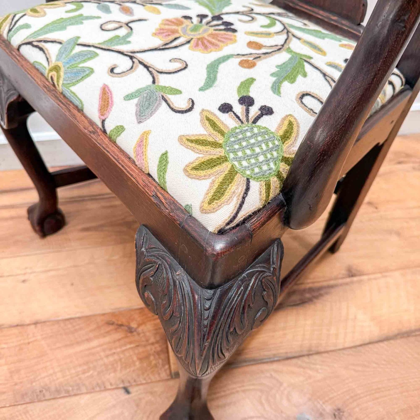 photo for sale Antique Oak Carved Chair With Crewel Work Seat