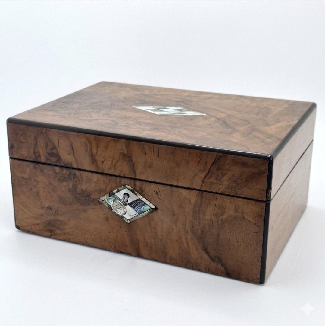 Victorian Walnut Jewellery Box Mother Of Pearl Inlay With Key Antique