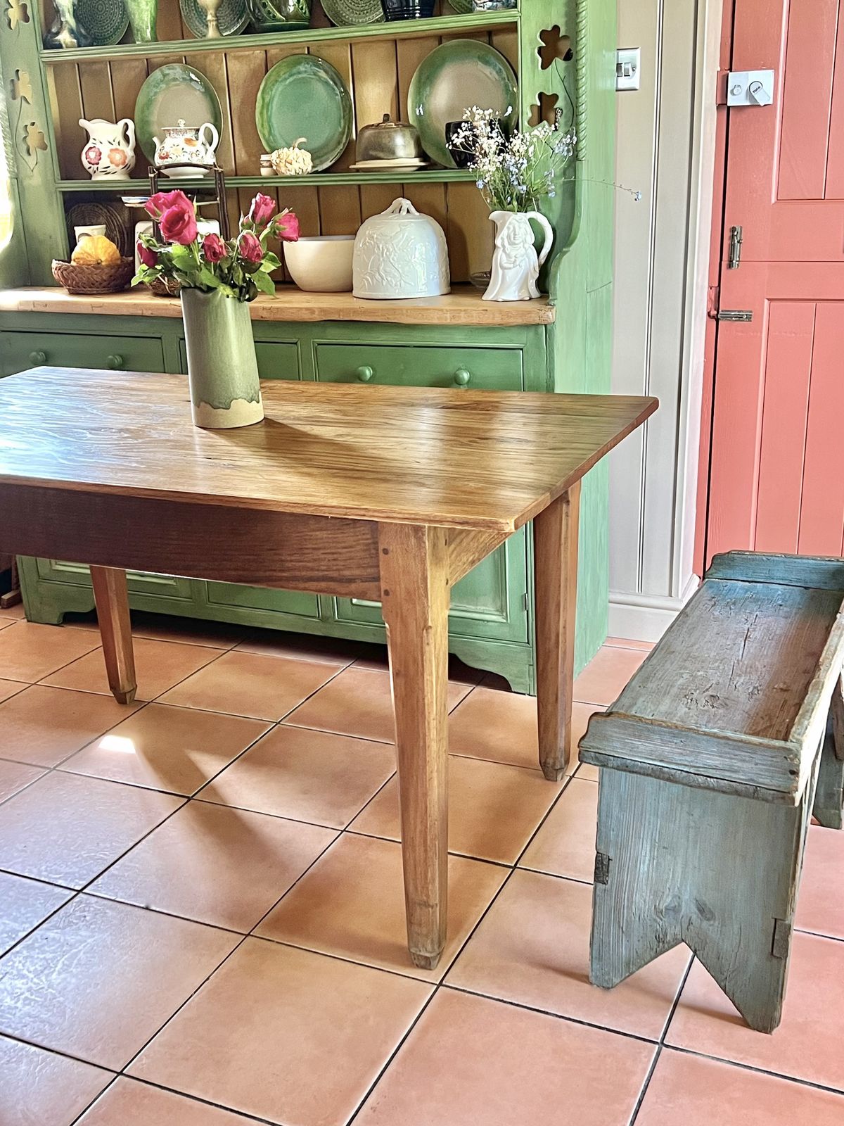 photo buy Antique Rustic French Oak & Elm Country Farmhouse Kitchen Dining Table On Tapered Legs