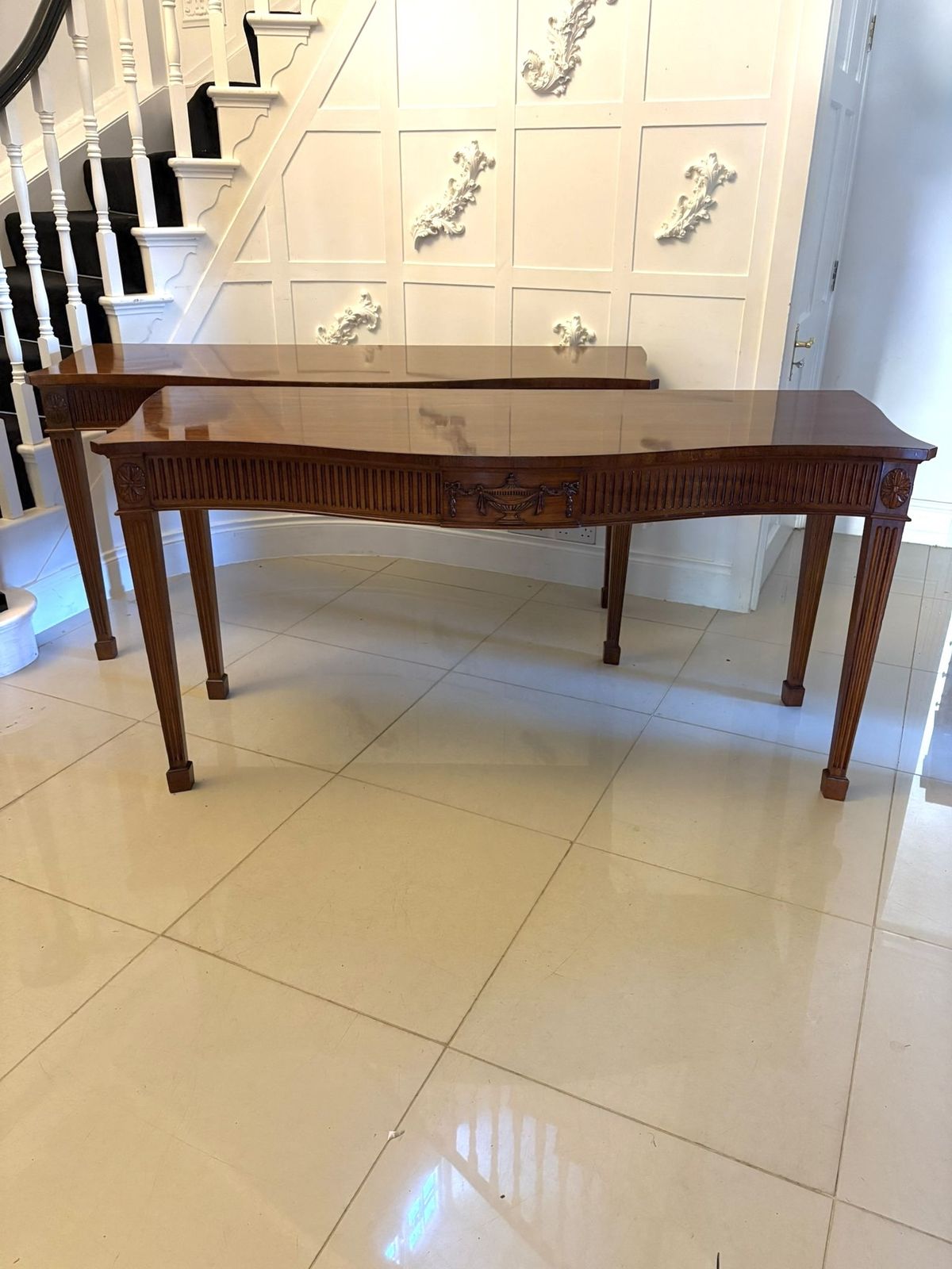 Antique Mahogany Pair Of Serpentine Serving Tables With Carving photo for sale