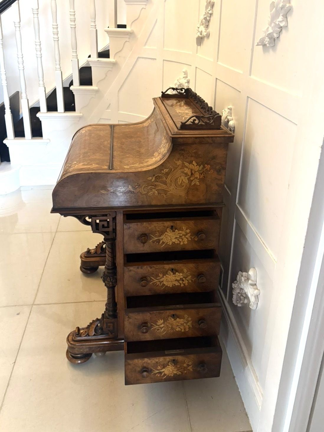 Antique 19th Century Burr Walnut Floral Marquetry Davenport photo vintage