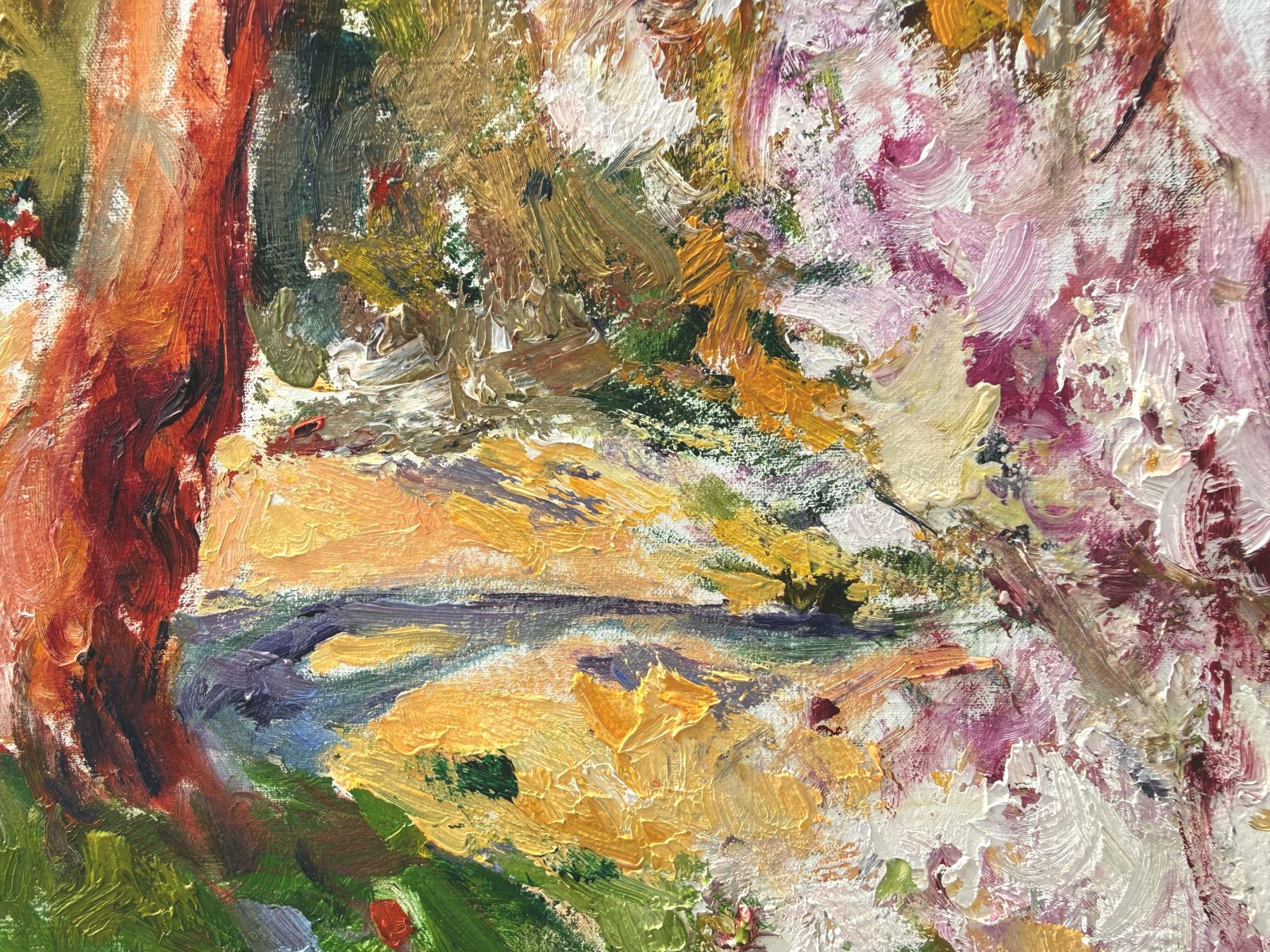 Jose Antonio Pineda Bueno Mediterranean Garden With Woman Under Almond Blossom Impressionist Oil Canvas 1990s photo for sale