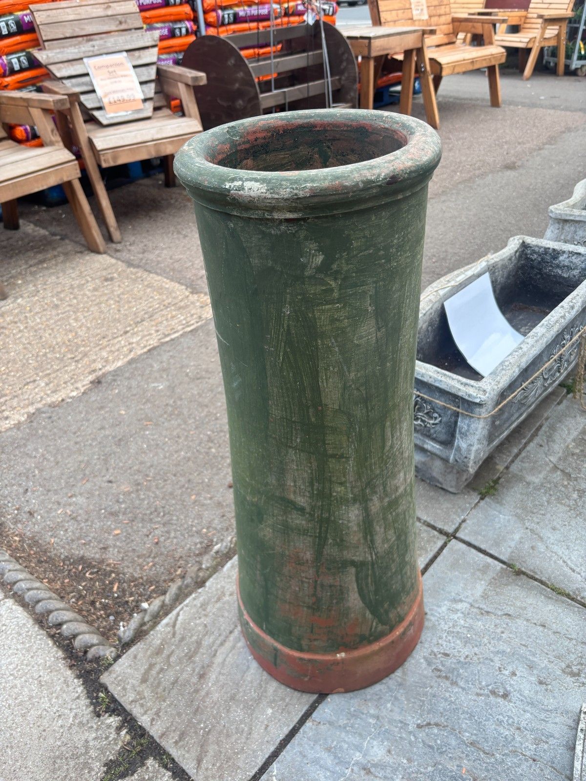 Vintage Large Green Painted Terracotta Chimney Pot photo for sale