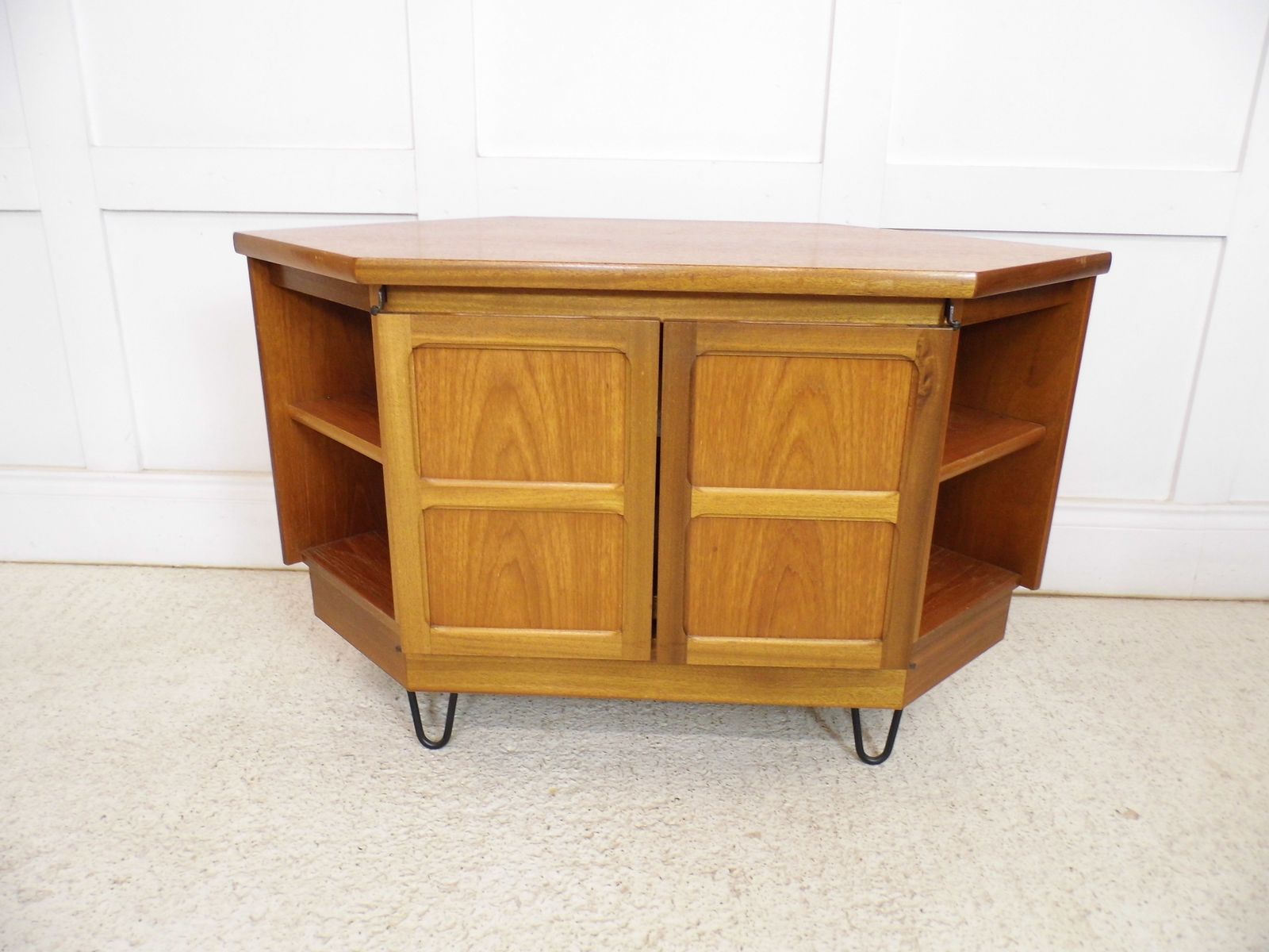 photo for sale Vintage Teak Nathan Parker Knoll Tv Stand Cabinet Square Doors Hairpin Legs