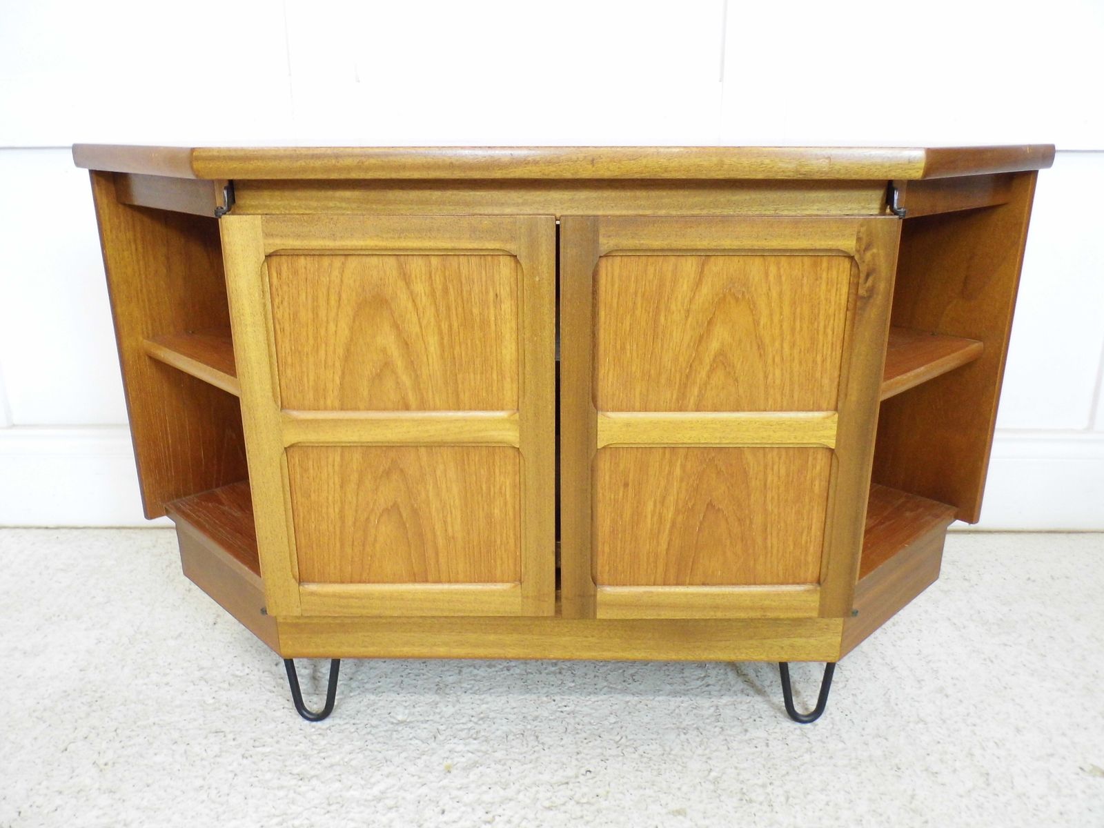 253.0 Vintage Teak Nathan Parker Knoll Tv Stand Cabinet Square Doors Hairpin Legs photo